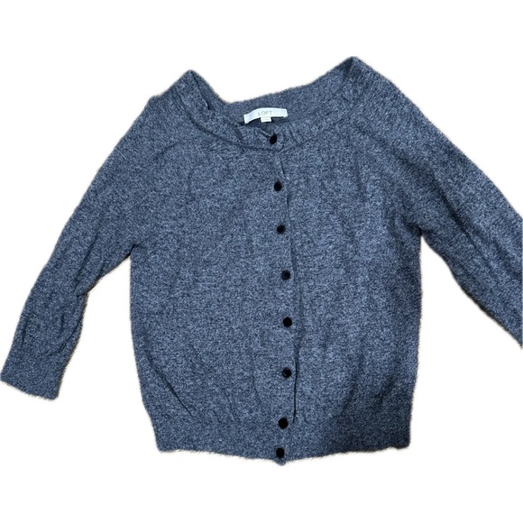 LOFT Womens Cardigan Sweater Round Neck Velour Buttons Marled Grey- Large - Picture 5 of 6